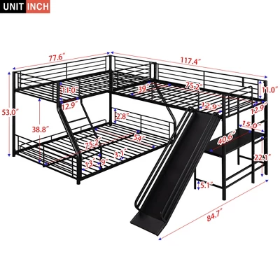 L-Shaped Twin Over Full Bunk Bed With Twin Size Loft Bed,Built-in Desk And Slide, Black - ModernLuxe 5 L-Shaped Twin Over Full Bunk Bed With Twin Size Loft Bed,Built-in Desk And Slide, Black - ModernLuxe - Image 3