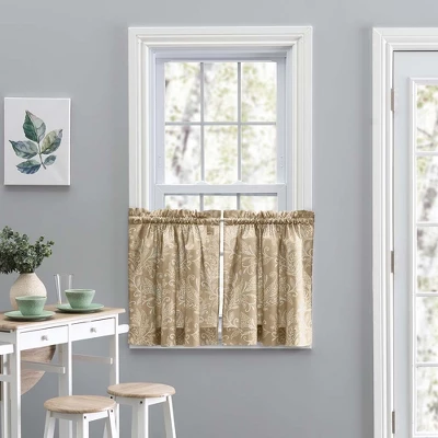 Ellis Curtain Lexington Leaf Pattern On Colored Ground Curtain Tiers Tan 7 Ellis Curtain Lexington Leaf Pattern On Colored Ground Curtain Tiers Tan - Image 5