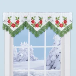 Collections Etc Poinsettia & Green Lace Holiday Curtain Valance