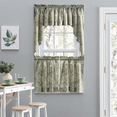 Ellis Curtain Lexington Leaf Pattern On Colored Ground Tailored Valance 58"x15" Sage 4 Ellis Curtain Lexington Leaf Pattern On Colored Ground Tailored Valance 58"x15" Sage - Image 2