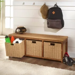 Badger Basket Kid's Storage Bench With Woven Top And Baskets Brown