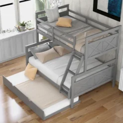 Twin Over Full Bunk Bed With Twin Size Trundle Bed, Ladder And Guardrail-ModernLuxe -Safavieh Shop GUEST 667ac71c 75b9 4b52 8867 6e59fef11d53