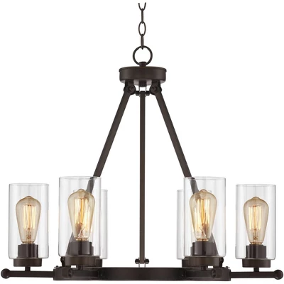 Franklin Iron Works Holman Bronze Wagon Wheel Chandelier 26 3/4" Wide Rustic Farmhouse Clear Glass 6-Light Fixture For Dining Room Kitchen Island Home 6 Franklin Iron Works Holman Bronze Wagon Wheel Chandelier 26 3/4" Wide Rustic Farmhouse Clear Glass 6-Light Fixture For Dining Room Kitchen Island Home - Image 4