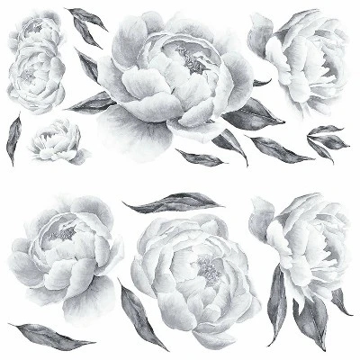 Peonies Peel And Stick Giant Wall Decal Black - RoomMates 3 Peonies Peel And Stick Giant Wall Decal Black - RoomMates