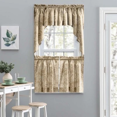 Ellis Curtain Lexington Leaf Pattern On Colored Ground Curtain Tiers Tan 4 Ellis Curtain Lexington Leaf Pattern On Colored Ground Curtain Tiers Tan - Image 2