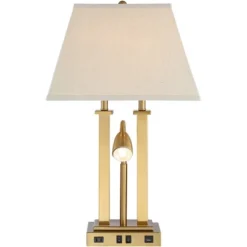 Possini Euro Design Deacon Modern Desk Table Lamp 26" High Brass With USB And AC Power Outlet In Base LED Reading Light Oatmeal Shade For Office Desk -Safavieh Shop GUEST 8c4f2cfc 52bf 4784 98da cc209e724fcd