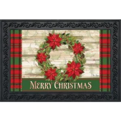 Poinsettia Wreath Christmas Doormat Plaid Indoor Outdoor 30" X 18" Briarwood Lane