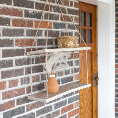 Natural Wood & Jute Distressed Hanging Wall Shelf - Foreside Home & Garden 3 Natural Wood & Jute Distressed Hanging Wall Shelf - Foreside Home & Garden