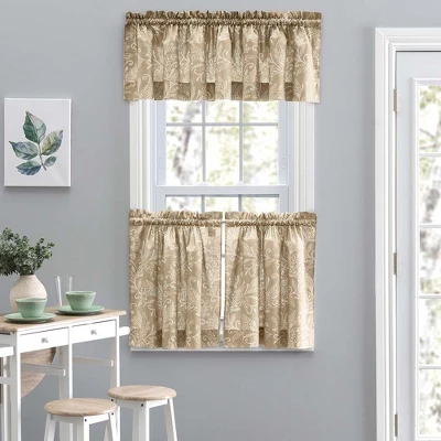 Ellis Curtain Lexington Leaf Pattern On Colored Ground Curtain Tiers Tan 3 Ellis Curtain Lexington Leaf Pattern On Colored Ground Curtain Tiers Tan
