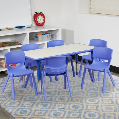 Emma And Oliver 23.625"W X 47.25"L Rectangular Plastic Height Adjustable Activity Table Set With 6 Chairs 3 Emma And Oliver 23.625"W X 47.25"L Rectangular Plastic Height Adjustable Activity Table Set With 6 Chairs