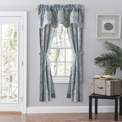 Ellis Curtain Lexington Leaf Pattern On Colored Ground Scallop Valance 58"x15" Blue 3 Ellis Curtain Lexington Leaf Pattern On Colored Ground Scallop Valance 58"x15" Blue