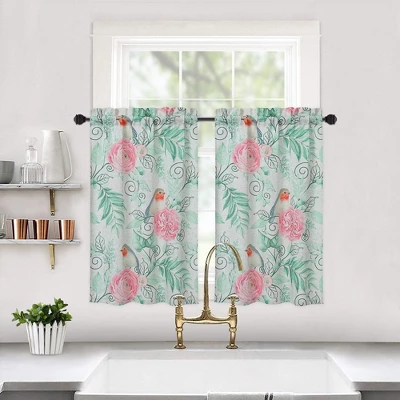 Linen Blend Bird Floral Print Short Kitchen Valance And Tier Curtains 3 Linen Blend Bird Floral Print Short Kitchen Valance And Tier Curtains