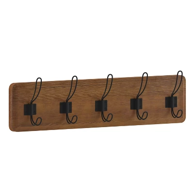 Merrick Lane 24 Inch Wall Mount Pine Wood Storage Rack With 5 Hanging Hooks, Entryway, Kitchen, Bathroom 15 Merrick Lane 24 Inch Wall Mount Pine Wood Storage Rack With 5 Hanging Hooks, Entryway, Kitchen, Bathroom - Image 13