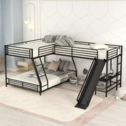 L-Shaped Twin Over Full Bunk Bed With Twin Size Loft Bed,Built-in Desk And Slide, Black - ModernLuxe