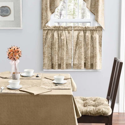 Ellis Curtain Lexington Leaf Pattern On Colored Ground Curtain Tiers Tan 5 Ellis Curtain Lexington Leaf Pattern On Colored Ground Curtain Tiers Tan - Image 3