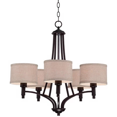 Franklin Iron Works La Pointe Oil Rubbed Bronze Pendant Chandelier 26" Wide Rustic Oatmeal Linen Shade 5-Light Fixture For Dining Room Kitchen Island 6 Franklin Iron Works La Pointe Oil Rubbed Bronze Pendant Chandelier 26" Wide Rustic Oatmeal Linen Shade 5-Light Fixture For Dining Room Kitchen Island - Image 4