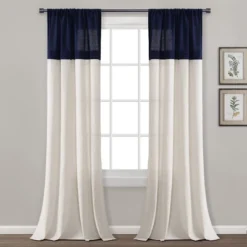 Home Boutique Farmhouse Faux Linen Colorblock Pleated Window Curtain Panels Navy/Off White 40x84 Set