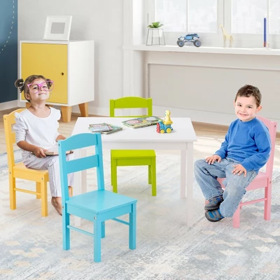 Costway 5 Pieces Kids Wood Table & Chair Set For 2-6 Years Colorful 6 Costway 5 Pieces Kids Wood Table & Chair Set For 2-6 Years Colorful - Image 4