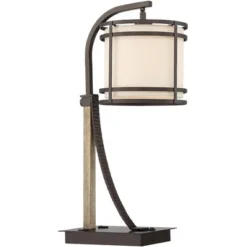 Franklin Iron Works Gentry Industrial Desk Lamp 22" High Oil Rubbed Bronze Faux Wood Cage With USB And AC Power Outlet In Base Oatmeal Shade For Desk -Safavieh Shop GUEST e3cef309 c454 45d6 a010 6a10c5bf9fcd