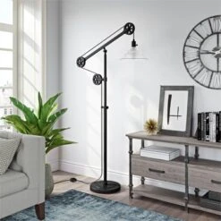 Metal And Glass Pulley Floor Lamp In Black - Henn&Hart